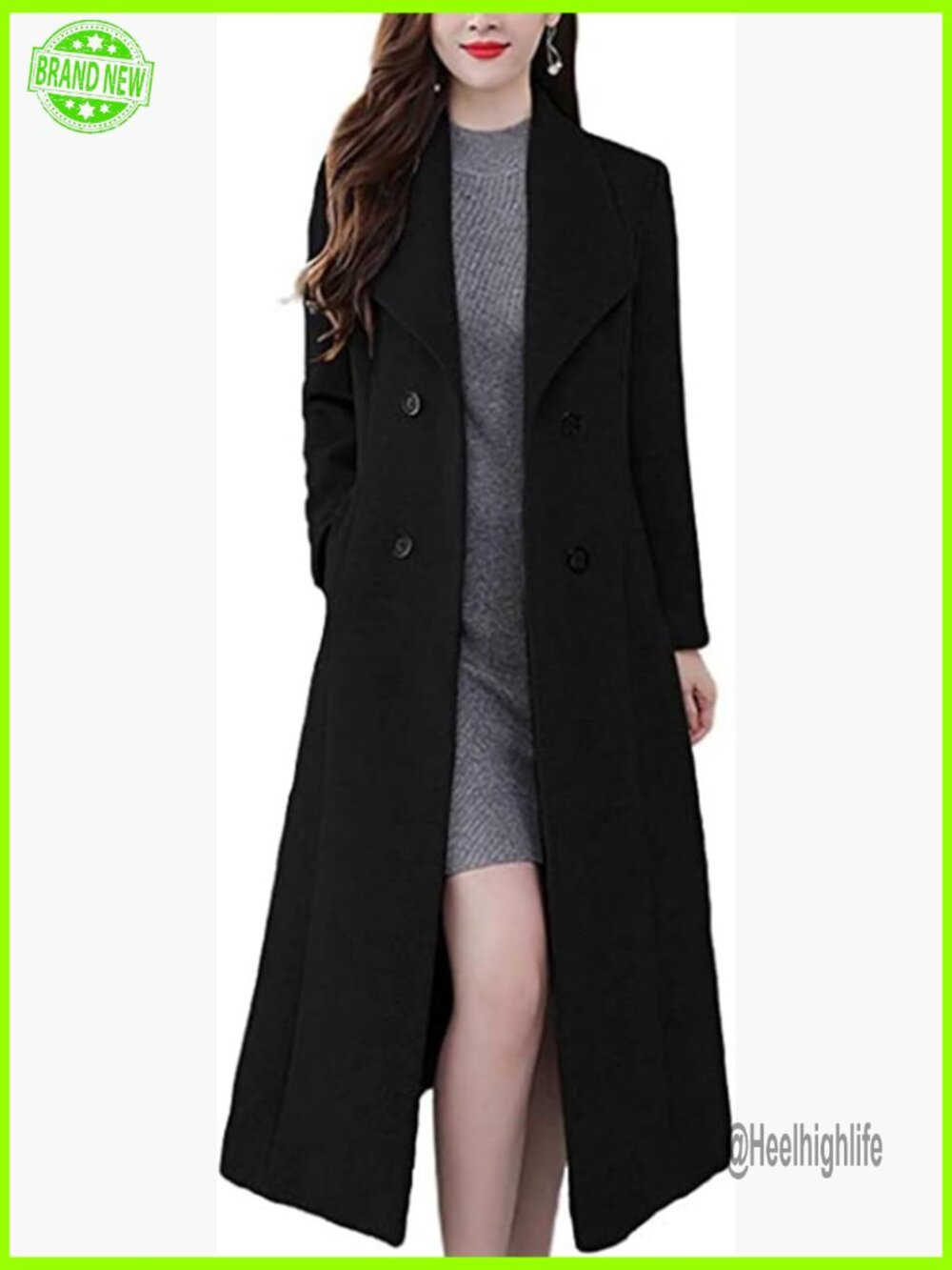 Shawl Collar Double Breasted Maxi Pea Coat Wool Blend Winter Overcoat